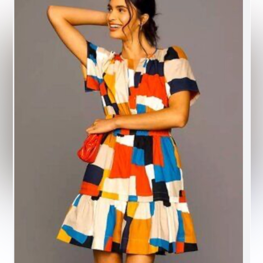 Anthropologie The Somerset Mini Dress Red, Blue, Yellow, Black, Cream Colorblock